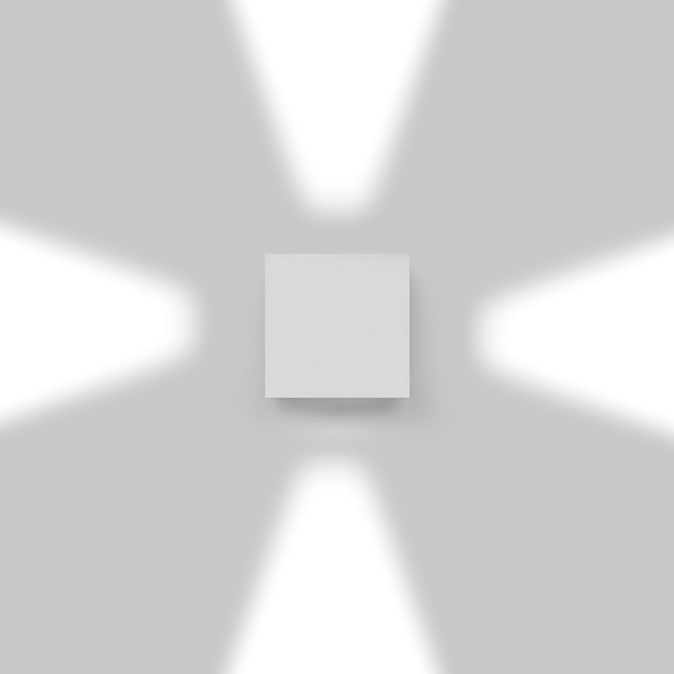 Artemide Effetto wall light, compact square white body emitting four directional light beams upward, downward, and sideways