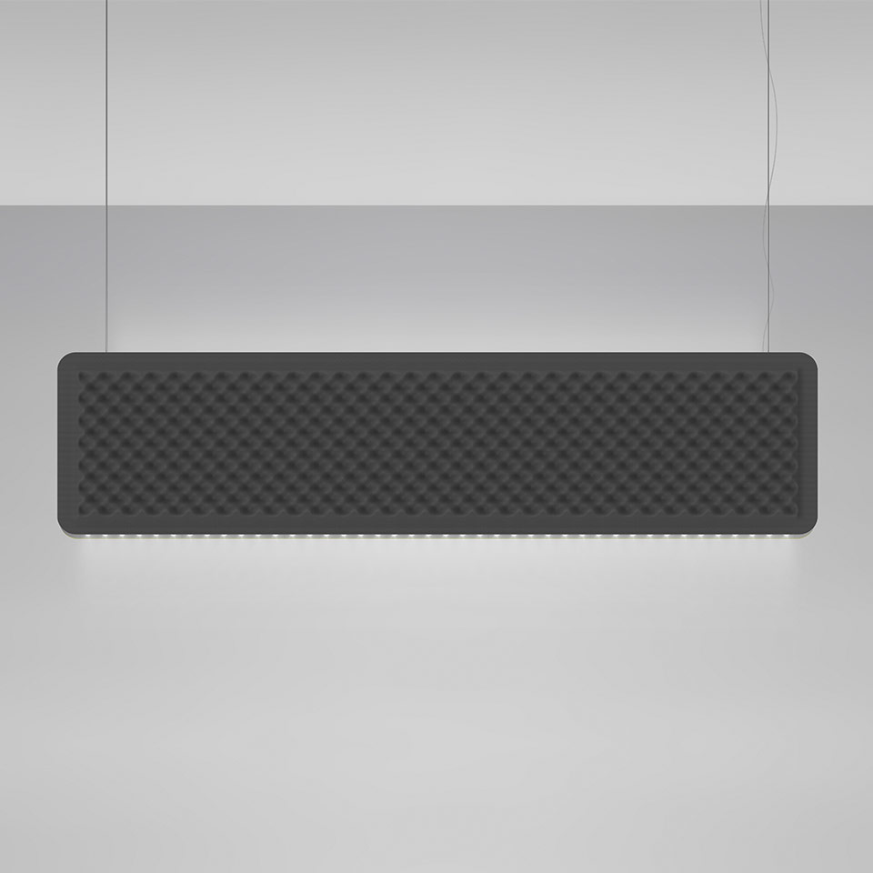 Artemide Eggboard Baffle pendant lamp: rectangular dark panel with acoustic egg-crate texture, emitting indirect light along bottom edges