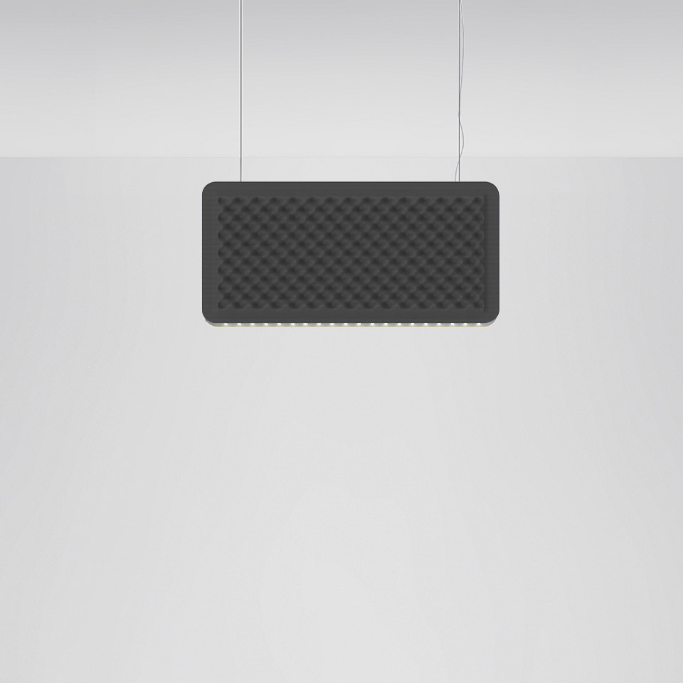 Artemide Eggboard Baffle pendant lamp in black, rectangular shape with acoustic egg-crate foam panel and LED light strip on bottom