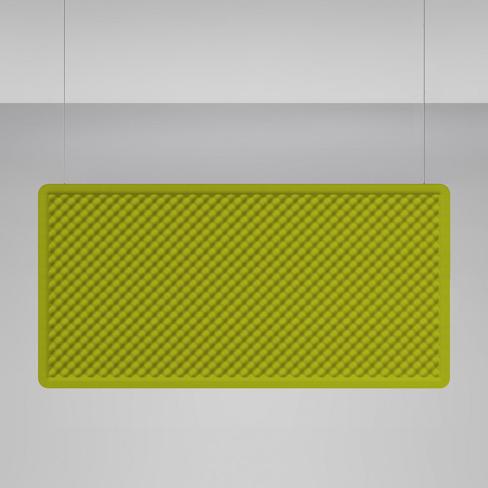Artemide Eggboard Baffle pendant lamp in yellow-green, rectangular shape with egg-crate acoustic diffuser pattern, suspended by two cables