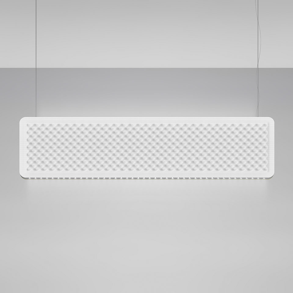 Artemide Eggboard Baffle pendant lamp: rectangular white diffuser with acoustic egg-crate pattern, suspended by two cables