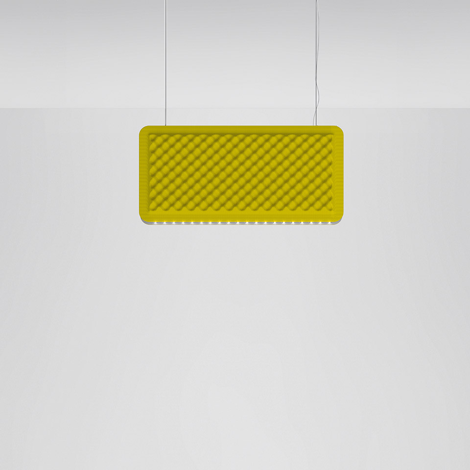Artemide Eggboard Baffle pendant lamp in yellow-green, rectangular shape with textured egg-crate surface, LED strip on lower edge