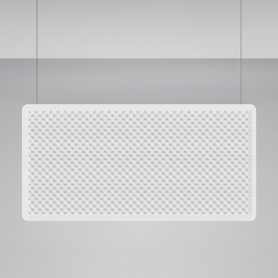 Artemide Eggboard pendant lamp: large rectangular white diffuser with egg-crate acoustic pattern, suspended by two cables