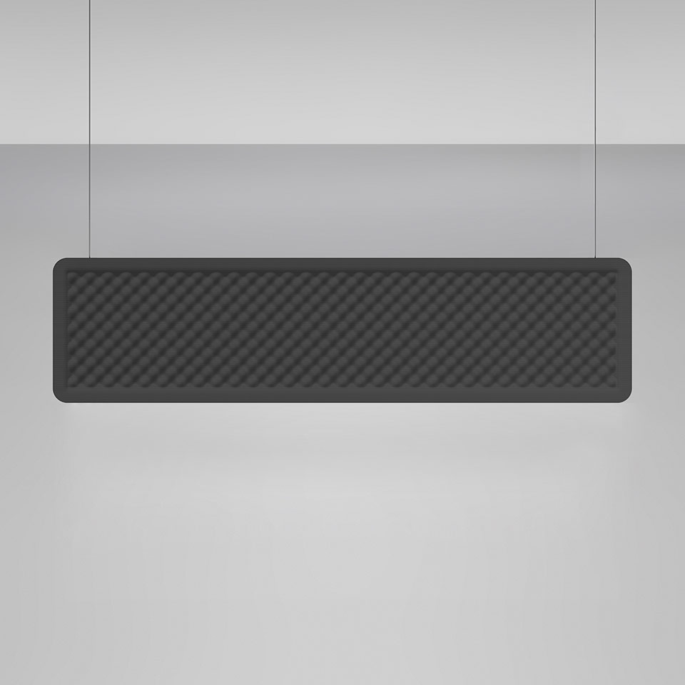 Artemide Eggboard Baffle pendant: rectangular dark acoustic panel with egg-crate texture, suspended by two thin cables