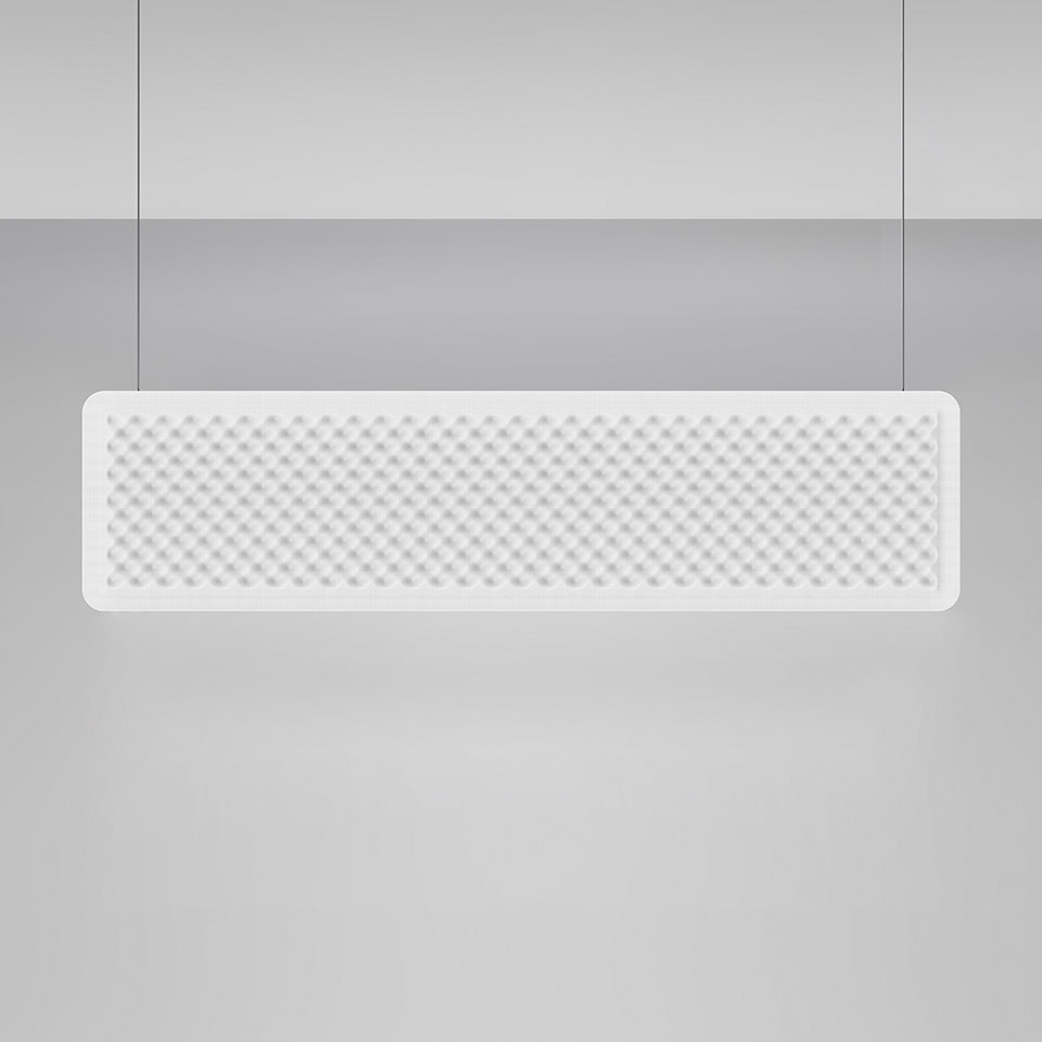 Artemide Eggboard Baffle pendant lamp: rectangular white diffuser with textured egg-crate pattern, suspended by two cables