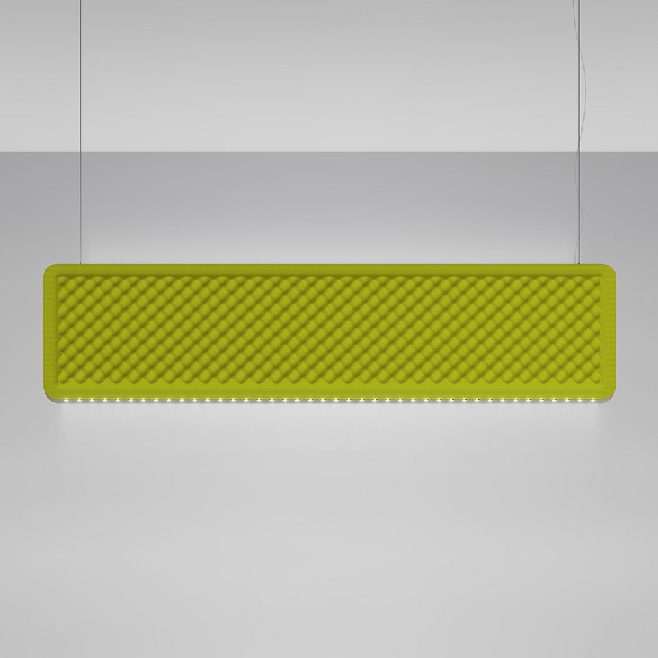 Artemide Eggboard Baffle pendant lamp: rectangular lime green acoustic panel with egg-crate texture, emitting downward LED light