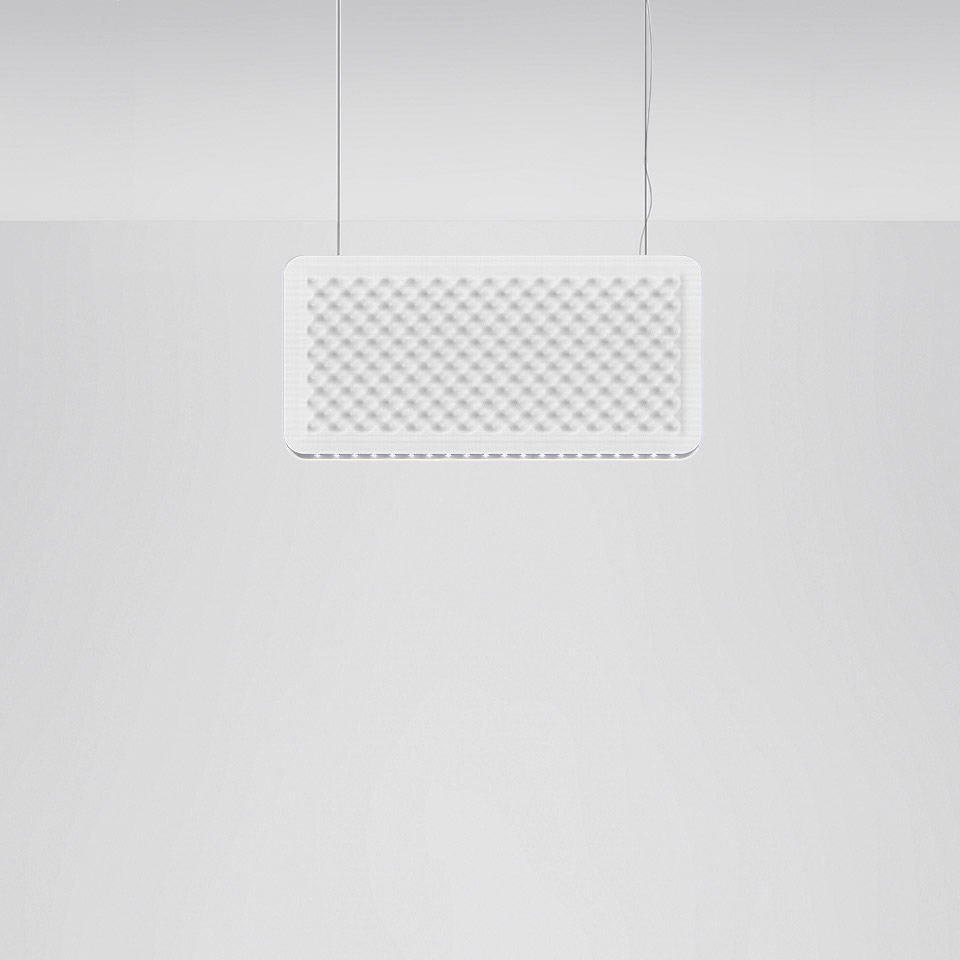 Artemide Eggboard Baffle pendant lamp in white, rectangular shape with textured egg-crate acoustic surface, suspended by two cables