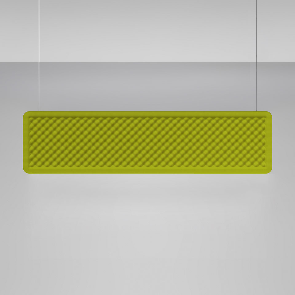 Artemide Eggboard Baffle pendant lamp in lime green, rectangular shape with egg-crate acoustic foam texture, suspended by two cables