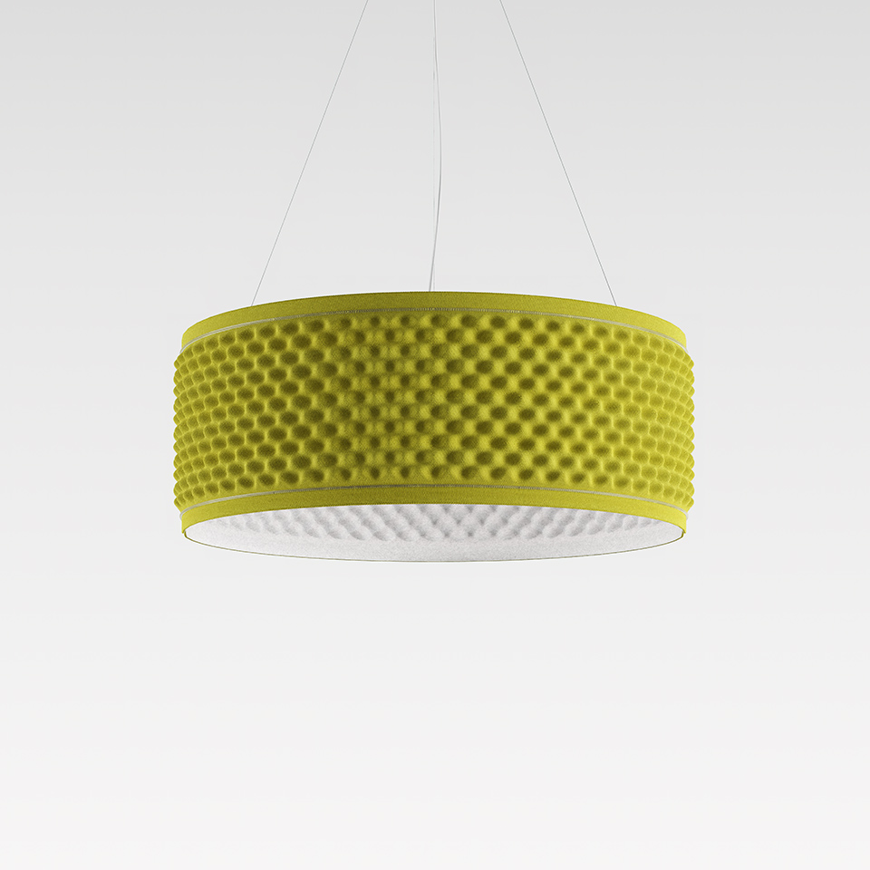 Artemide Eggboard Circle pendant lamp with yellow-green textured drum shade featuring raised dot pattern and white diffuser