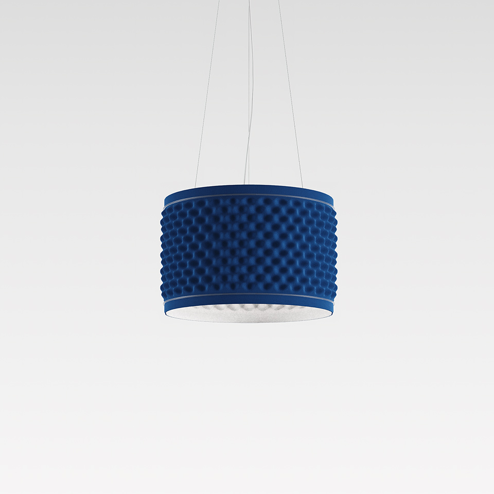 Artemide Eggboard Circle pendant lamp in blue, cylindrical shade with acoustic foam egg-crate texture, suspended by thin cables