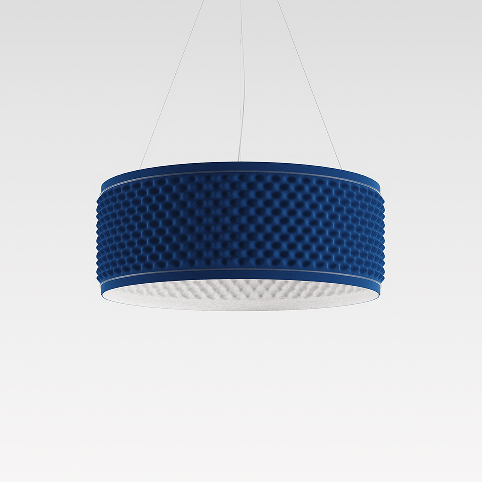 Artemide Eggboard Circle pendant lamp in blue, featuring a cylindrical acoustic foam-textured shade with downward LED lighting