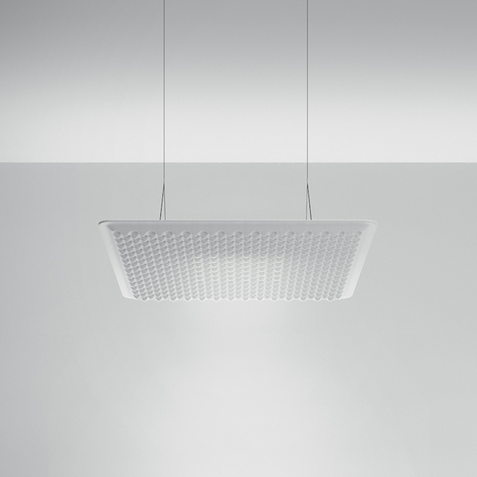Artemide Eggboard Matrix pendant lamp: square white diffuser with textured egg-crate pattern, suspended by two thin cables