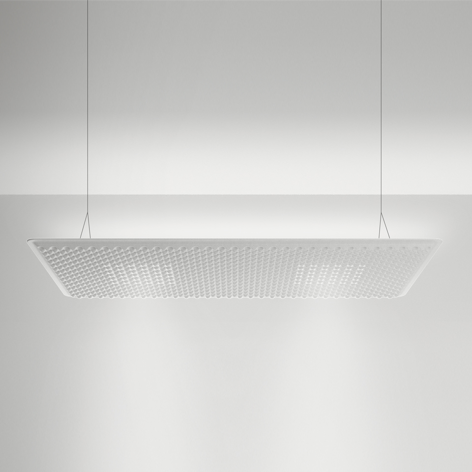 Artemide Eggboard Matrix pendant lamp: large rectangular white suspension with textured egg-crate diffuser, hung by thin cables