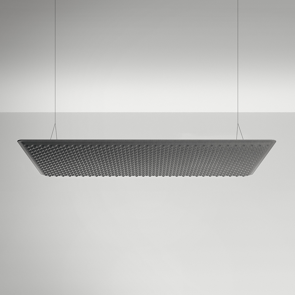 Artemide Eggboard Matrix pendant lamp: large rectangular dark panel with textured egg-crate acoustic surface, suspended by thin cables