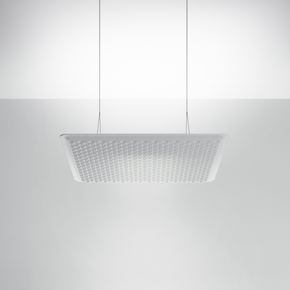 Artemide Eggboard Matrix pendant lamp: square white diffuser with textured egg-crate pattern, suspended by two thin cables