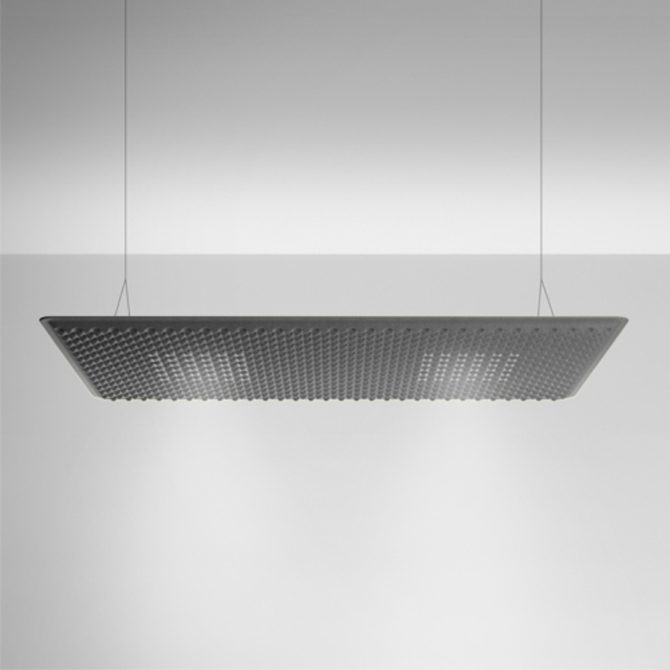 Artemide Eggboard Matrix pendant lamp: large rectangular dark panel with textured egg-crate grid surface, suspended by thin cables