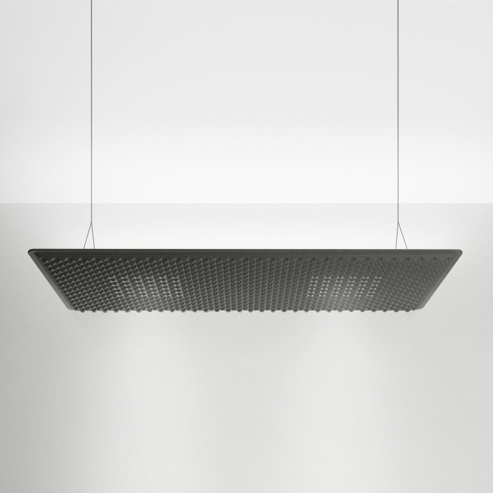 Artemide Eggboard Matrix pendant lamp: large rectangular dark panel with egg-crate texture, suspended from ceiling by thin cables