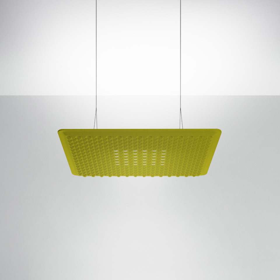Artemide Eggboard Matrix pendant lamp in yellow-green, square shape with textured acoustic surface, suspended by two steel cables