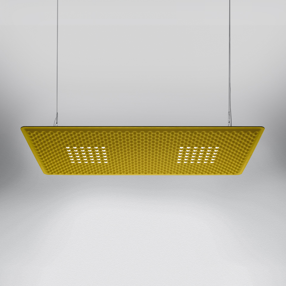 Artemide Eggboard Matrix pendant lamp: rectangular yellow perforated acoustic panel with integrated LED lighting, suspended by steel cables