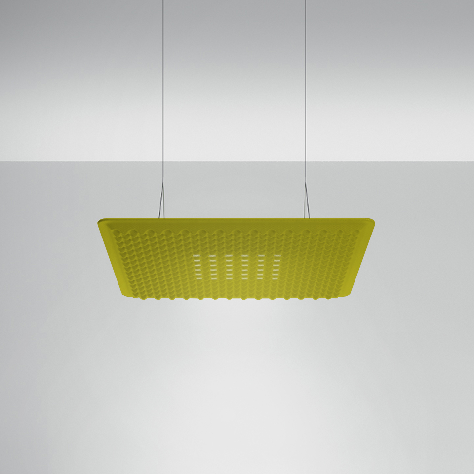Artemide Eggboard Matrix pendant lamp in yellow-green, rectangular shape with textured egg-crate acoustic surface, suspended by two cables