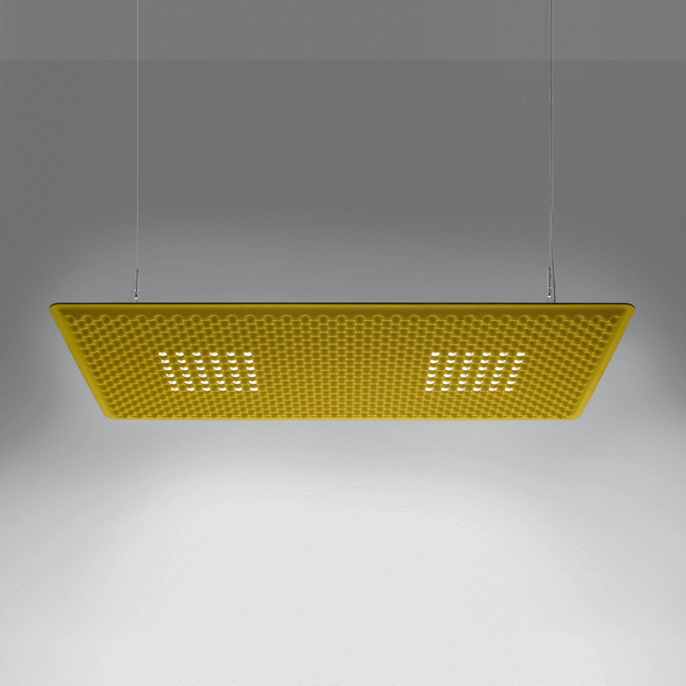 Artemide Eggboard Matrix pendant lamp: rectangular yellow perforated acoustic panel with integrated LED lighting, suspended by steel cables