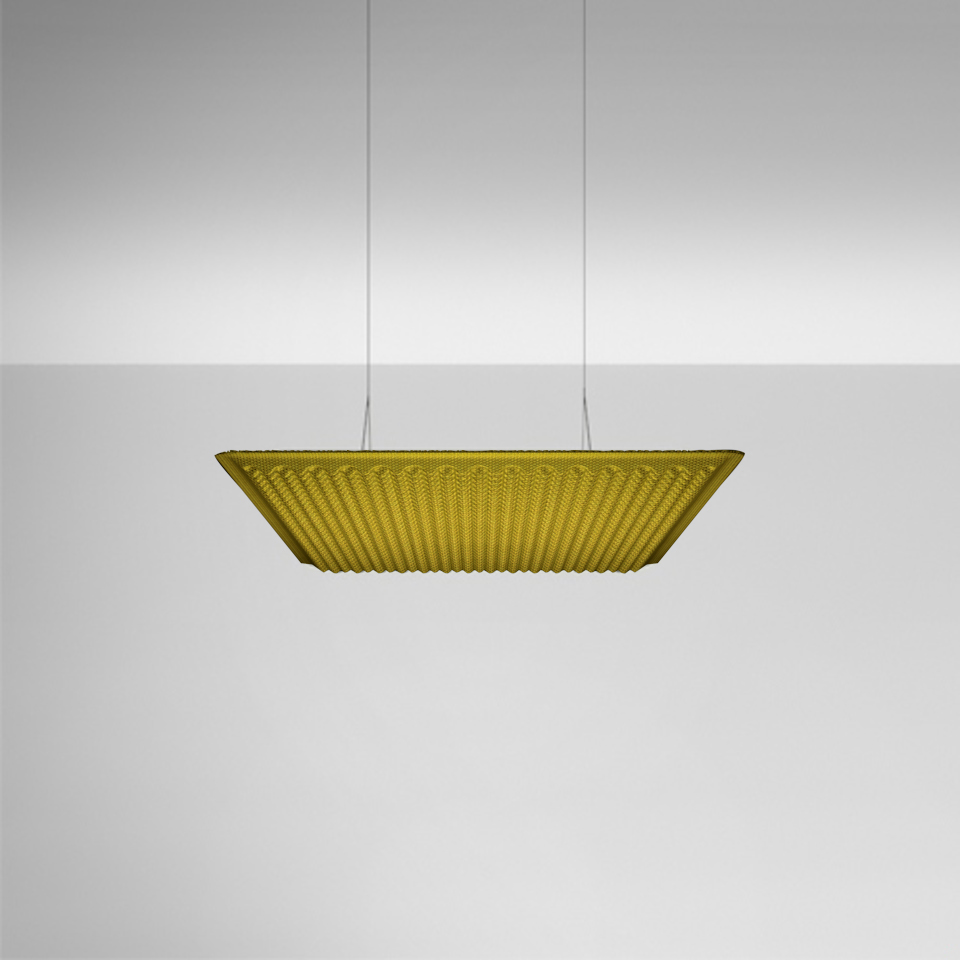Artemide Eggboard Matrix pendant lamp: square yellow-green diffuser with textured egg-crate pattern, suspended by two thin cables