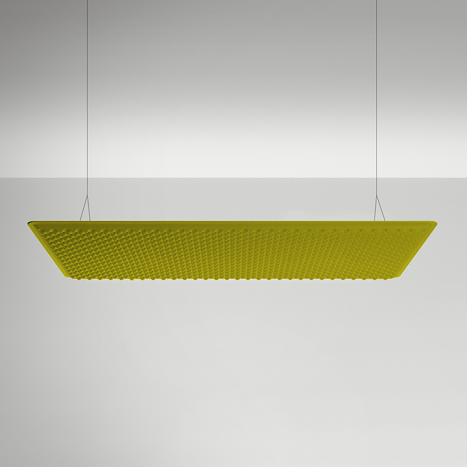 Artemide Eggboard Matrix pendant lamp: large rectangular yellow-green acoustic panel with egg-crate texture, suspended by thin cables