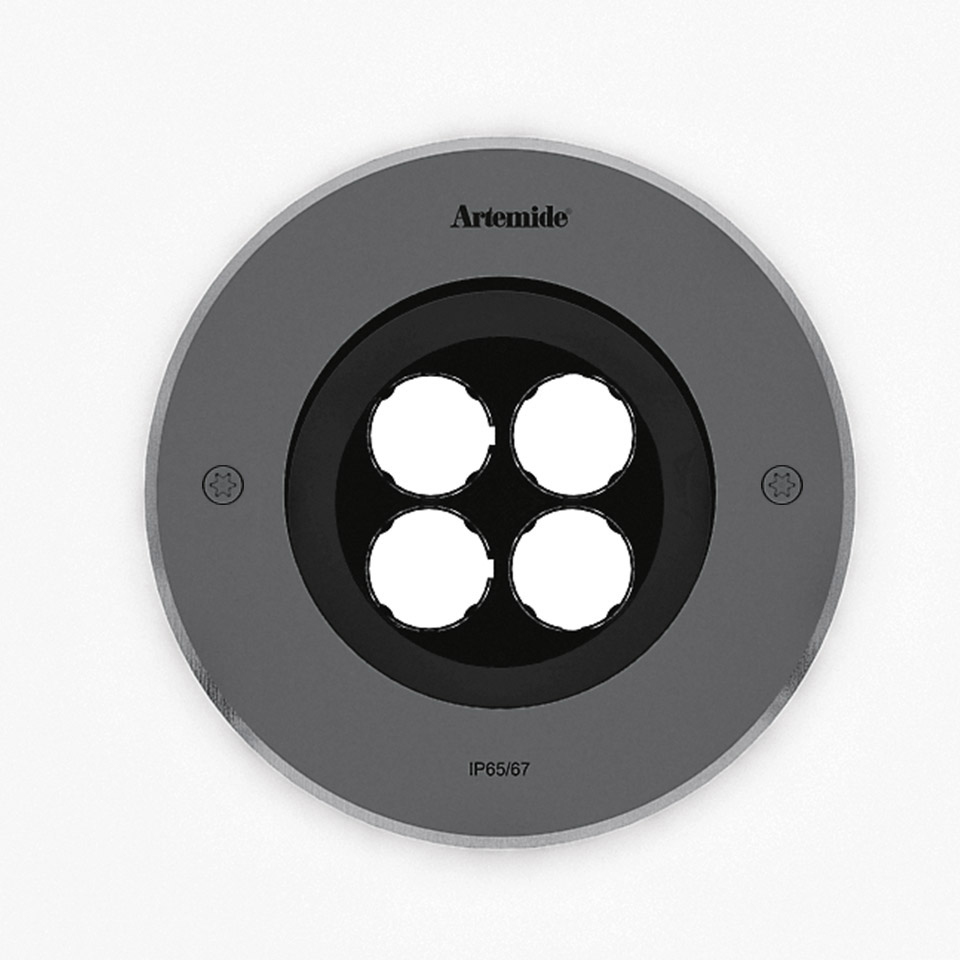 Artemide Ego 150 downlight: round grey recessed floor fixture with four LED modules, IP65/67 rated for outdoor use