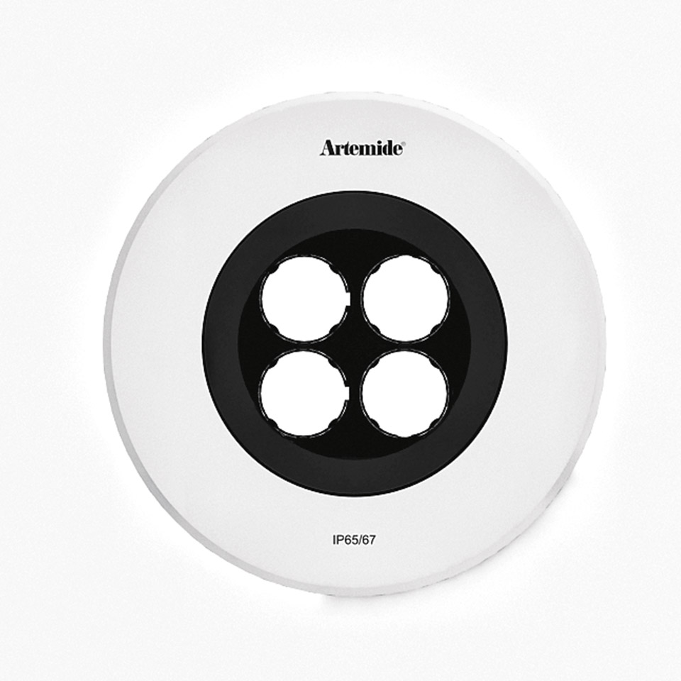Artemide Ego 150 downlight, round white fixture with black ring housing four LED modules, rated IP65/67 for outdoor use