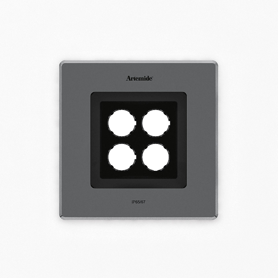 Artemide Ego 150 downlight, square grey recessed fixture with four circular LED apertures, IP65/67 rated for outdoor use