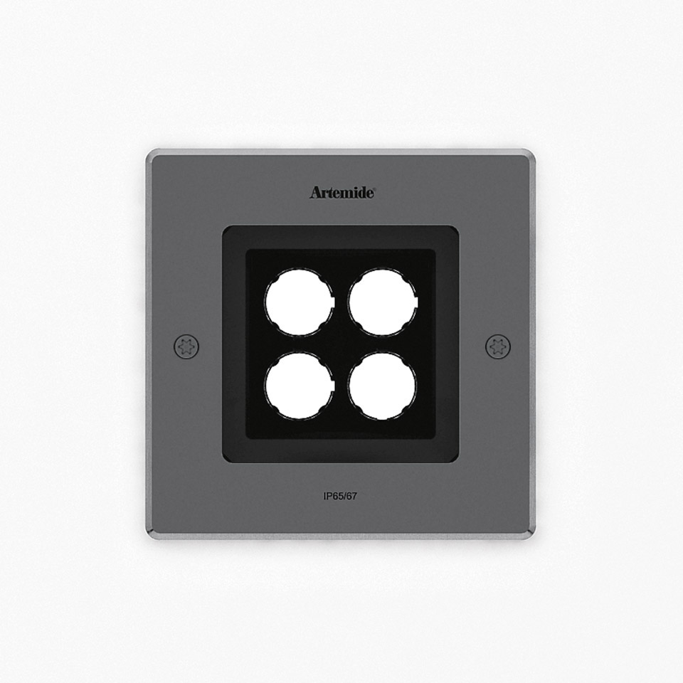 Artemide Ego 150 flat walk-over recessed floor light, square grey housing with four circular LED modules, IP65/67 rated