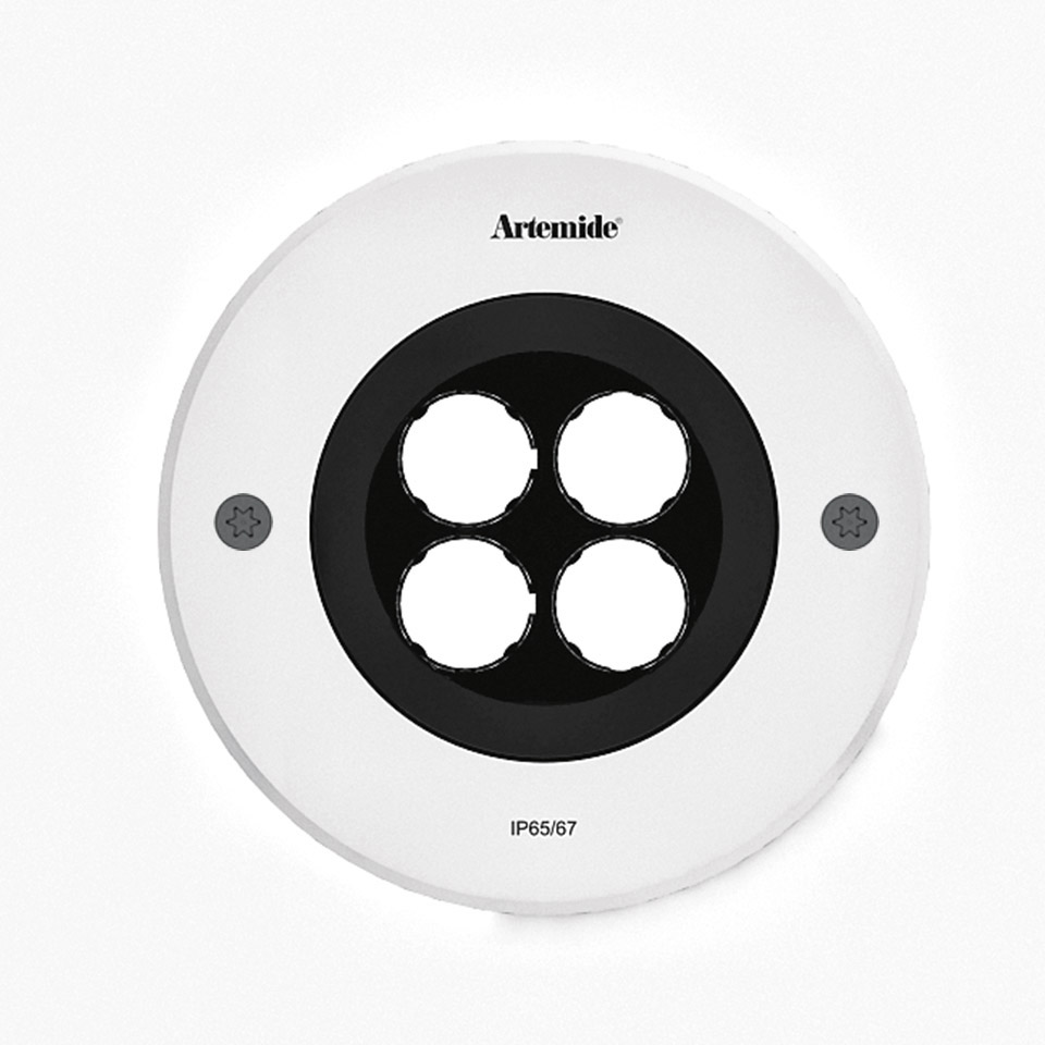 Artemide Ego 150 downlight: round white flush fixture with four LED modules in black housing, rated IP65/67 for outdoor use