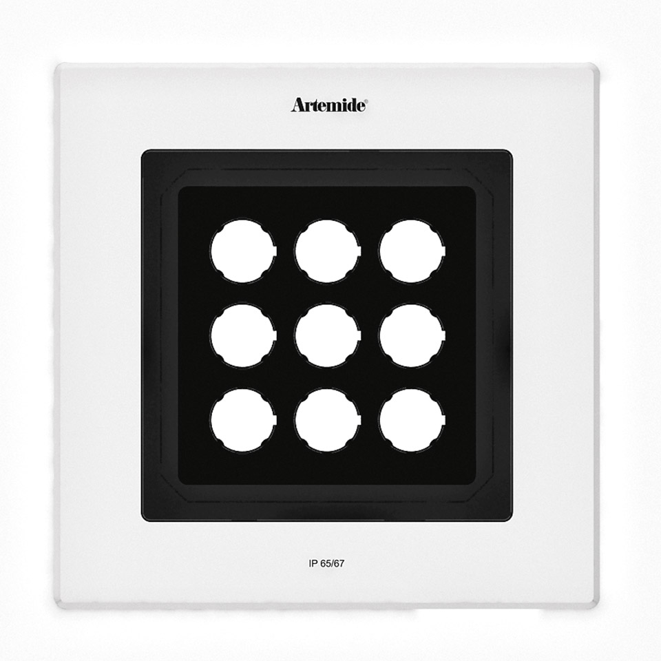 Artemide Ego 220 downlight recessed fixture, white square frame with black housing containing 9 LED modules in 3x3 grid, rated IP65/67