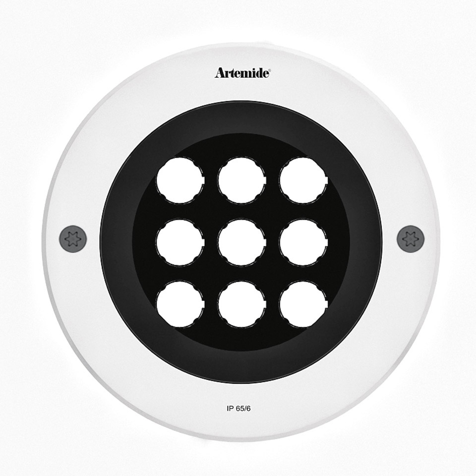 Artemide Ego 220 downlight: round white fixture with black bezel housing 9 LED modules in 3x3 grid, rated IP 65/6