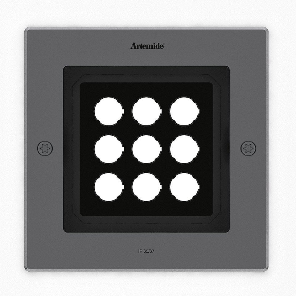 Artemide Ego 220 flat walk-over recessed ground light, square grey housing with 9 circular LED apertures, IP65/67 rated
