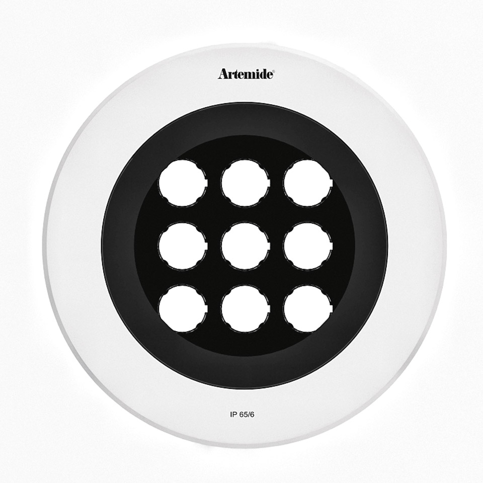 Artemide Ego 220 downlight: round recessed fixture, white outer ring, black inner panel with 9 circular LED apertures, IP65/6 rated