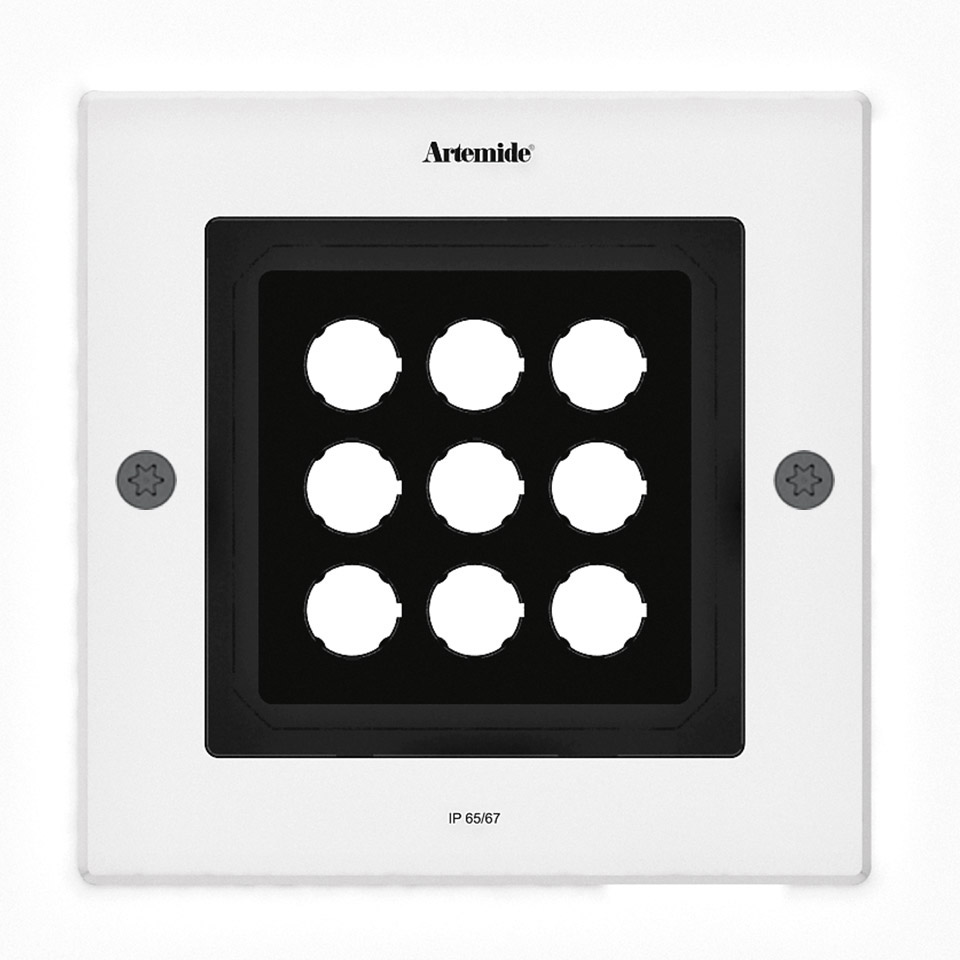 Artemide Ego 220 downlight, square white recessed fixture with 9 circular LED apertures in a 3x3 grid, rated IP65/67