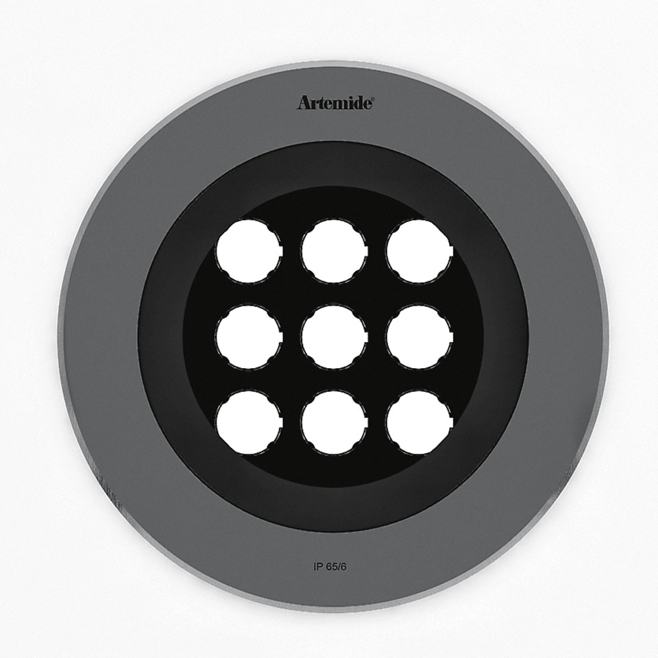Artemide Ego 220 downlight, circular recessed fixture with 9 LED modules in black housing, gray bezel, IP65/6 rated