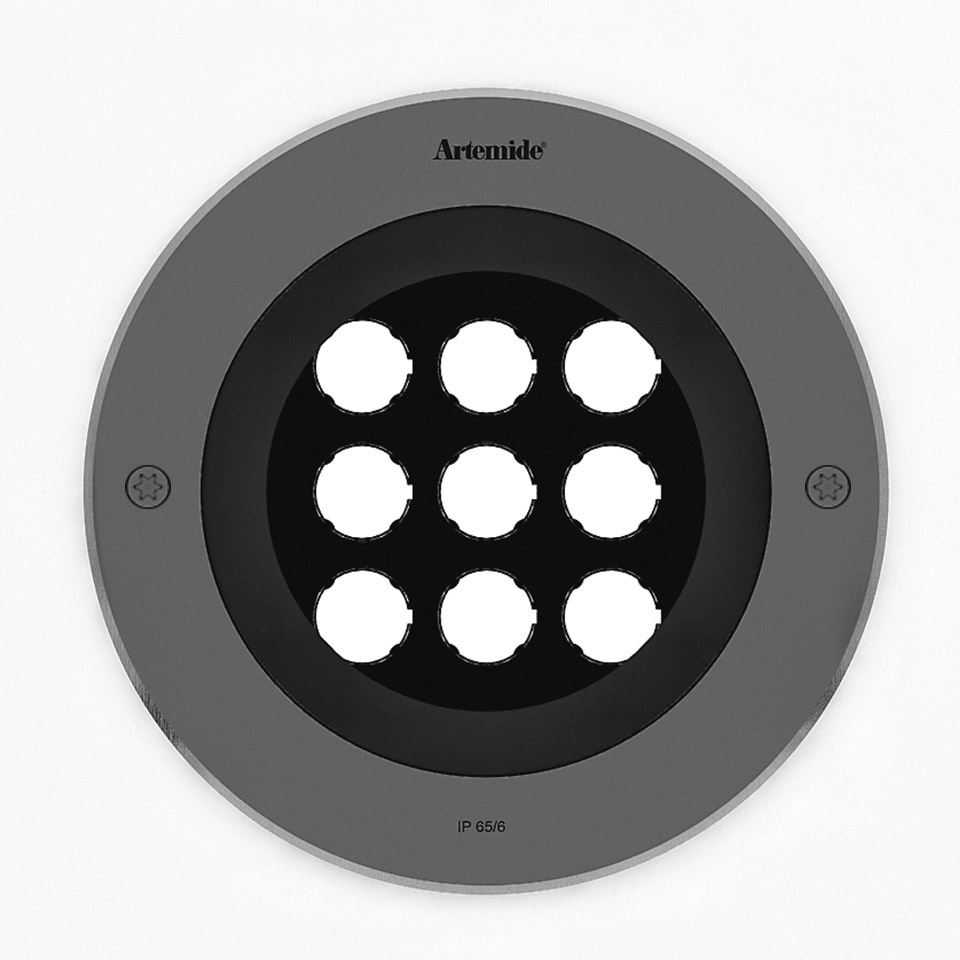 Artemide Ego 220 drive-over recessed ground spotlight with 9 LED modules, grey circular frame, IP65/6 rated