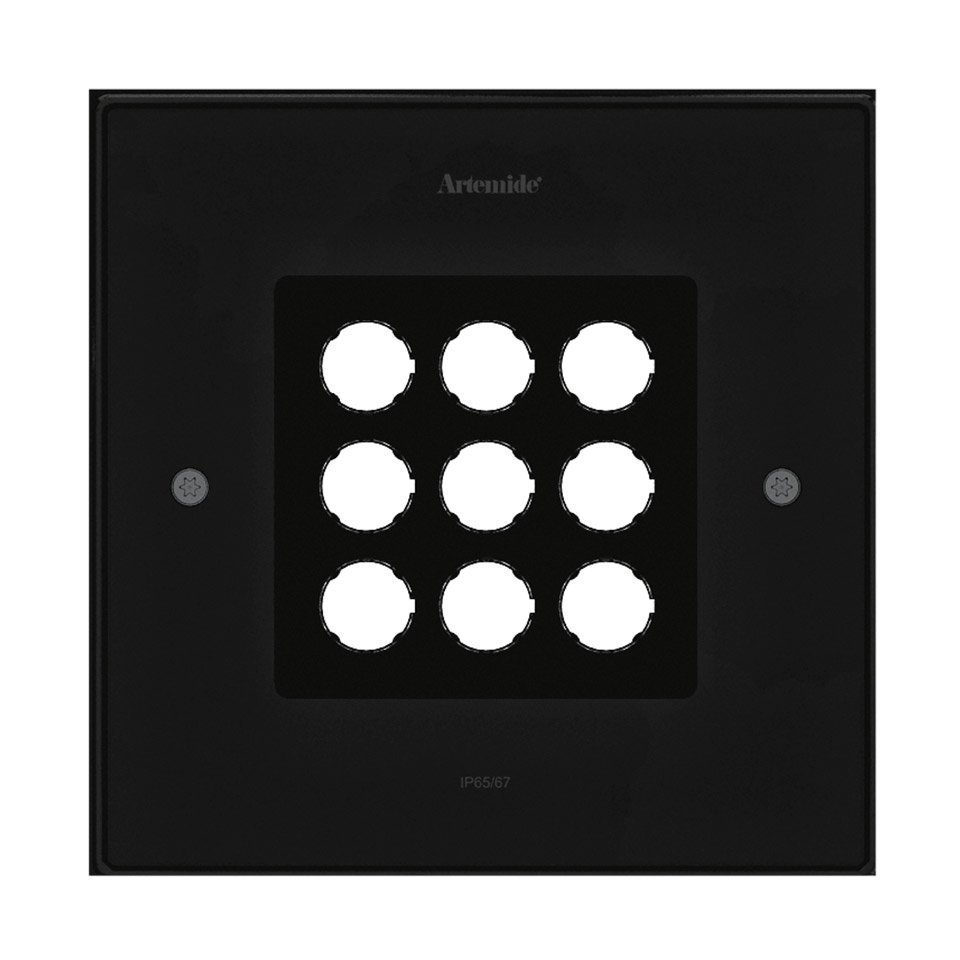 Artemide Ego 220 walk-over recessed floor light, black square glass cover with 9 circular LED apertures in 3x3 grid, IP65/67 rated