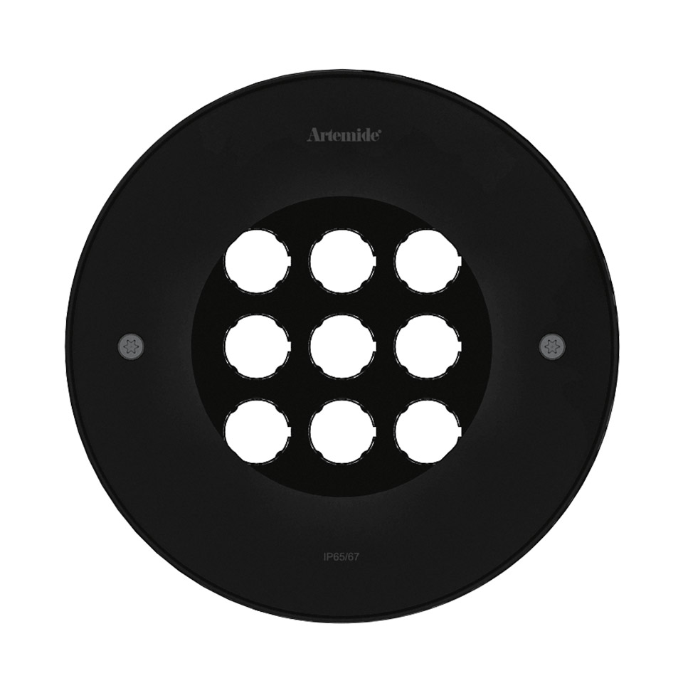 Artemide Ego 220 walk-over recessed floor light, black circular frame with 9 LED apertures, IP65/67 rated