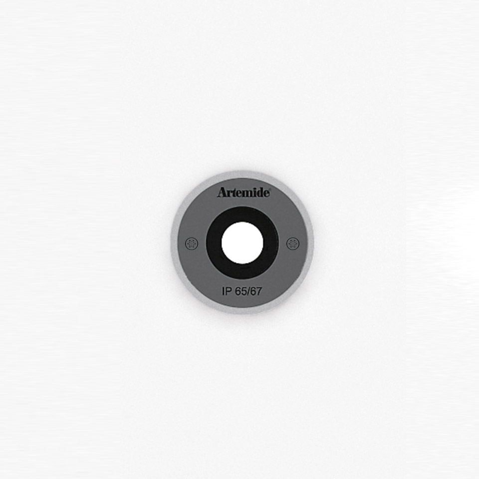 Artemide Ego 55 flat walk-over recessed light, circular grey housing with central lens, IP65/67 rated for outdoor use
