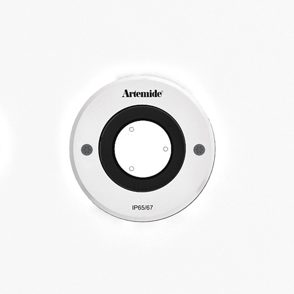 Artemide Ego 90 flat walk-over recessed ground light, circular white trim with black inner ring, IP65/67 rated