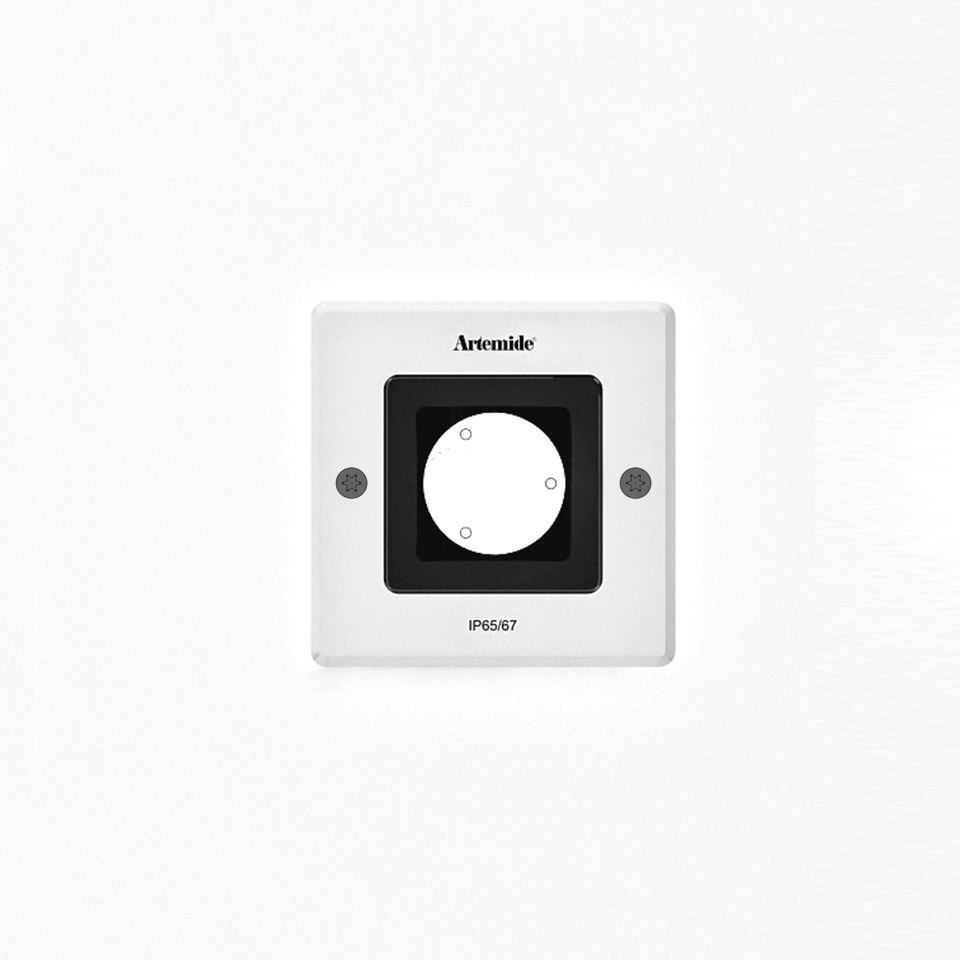 Artemide Ego 90 downlight recessed fixture, white square faceplate with black inner frame, IP65/67 rated