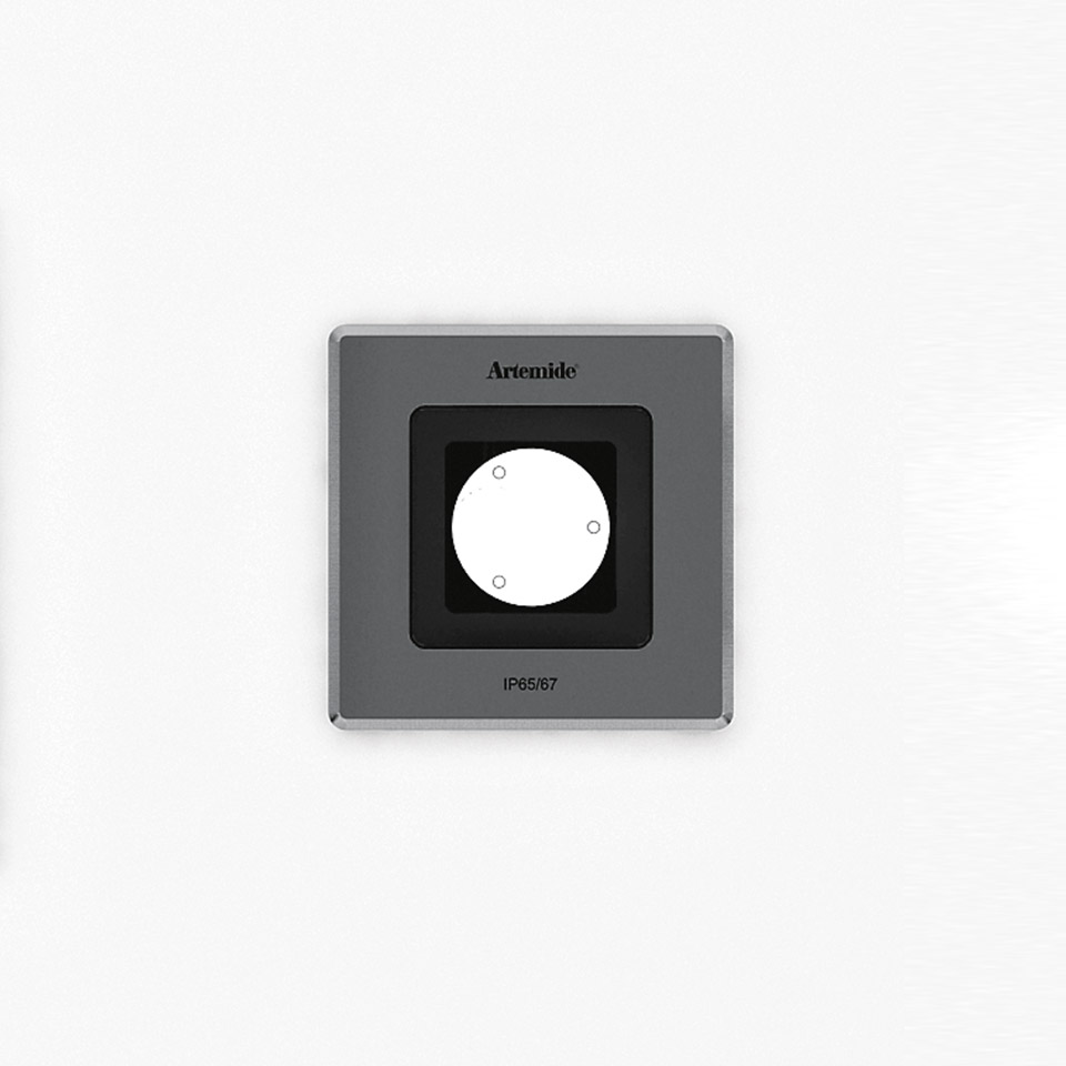 Artemide Ego 90 downlight, square grey recessed fixture with circular lens, IP65/67 rated for outdoor use