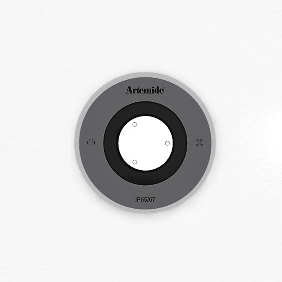 Artemide Ego 90 drive-over recessed ground light, round grey aluminum body, IP65/67 rated, white central lens