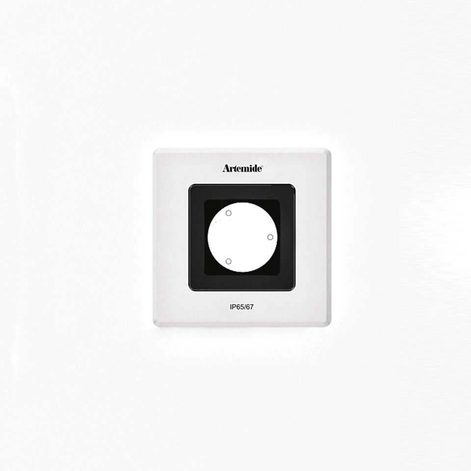 Artemide Ego 90 downlight wall control panel, white square frame with black circular recess, IP65/67 rated