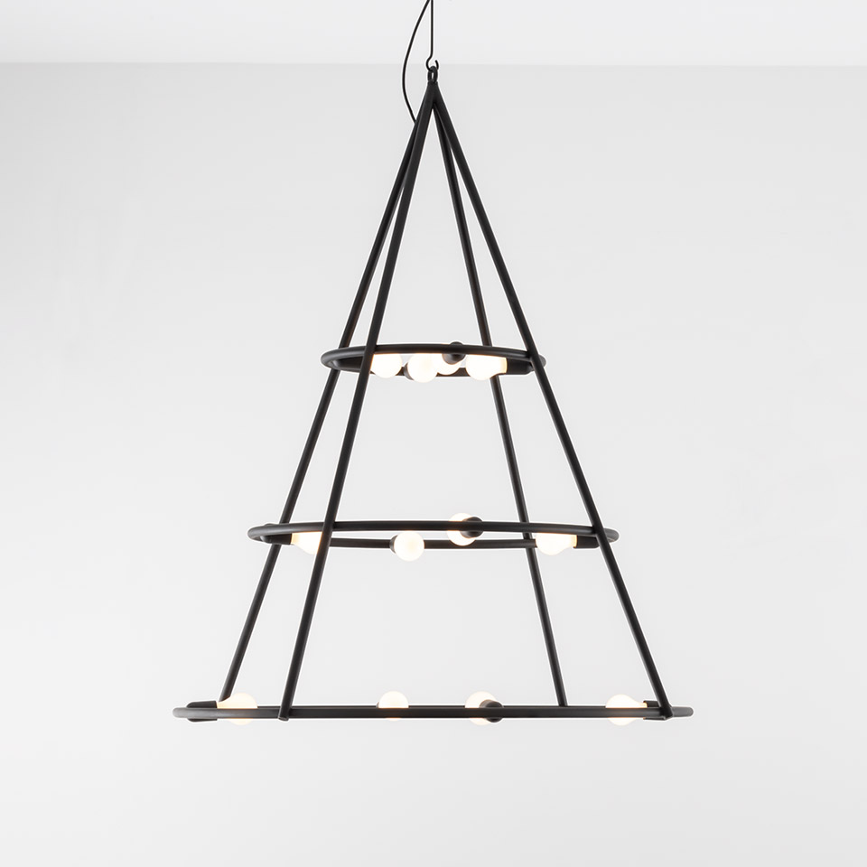 Artemide El Porís pendant lamp: black conical metal frame with three circular tiers holding small LED bulbs, suspended from ceiling
