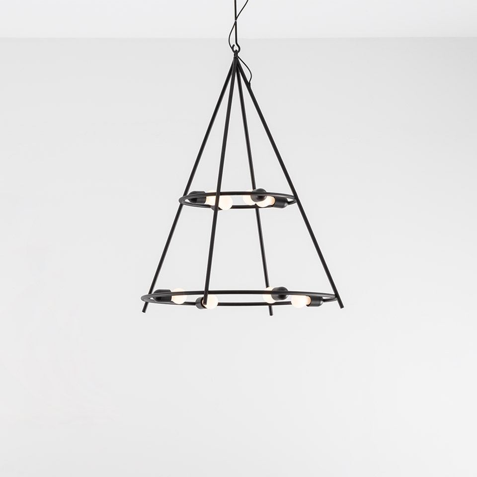 Artemide El Porís pendant lamp: black conical metal frame with two circular LED rings suspended by thin cables