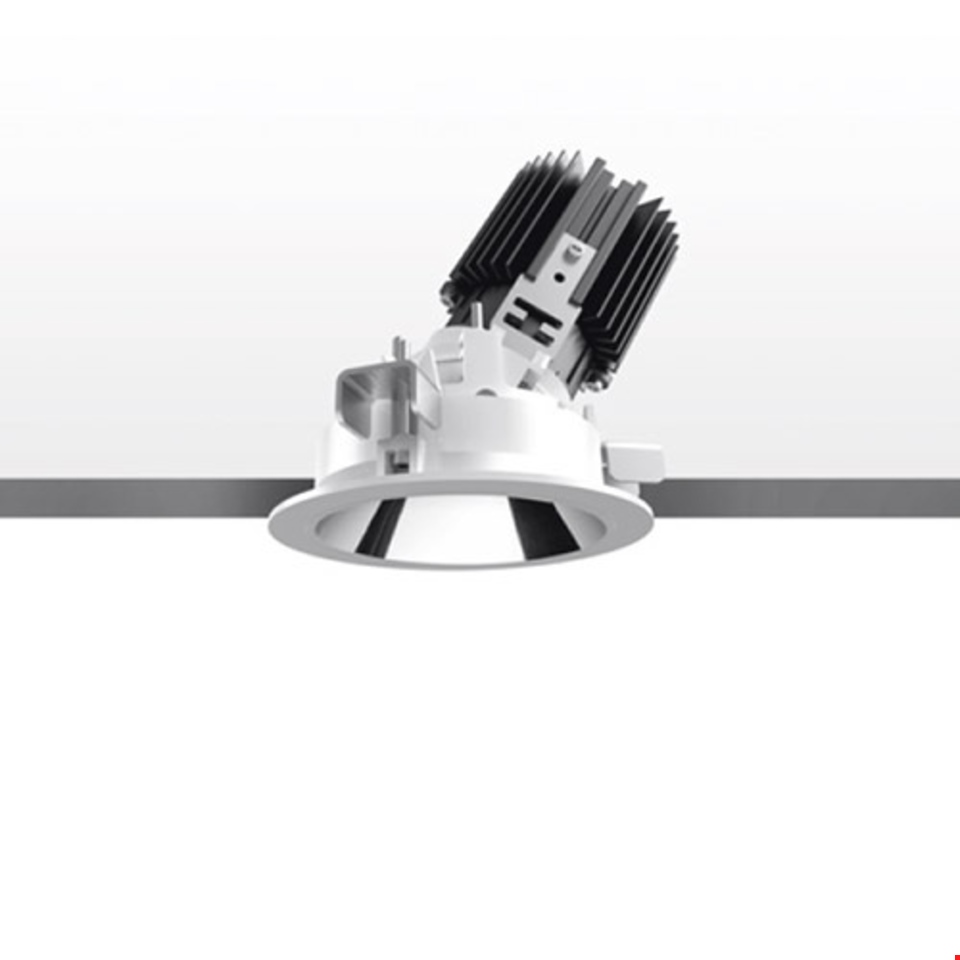 Artemide Everything 105 Trim recessed adjustable LED downlight with round chrome trim and tilted black heat sink module